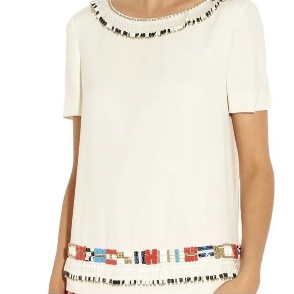 Tory Burch Jace cream blouse with multicolored beads western Aztec vintage Size4 - Picture 3 of 14
